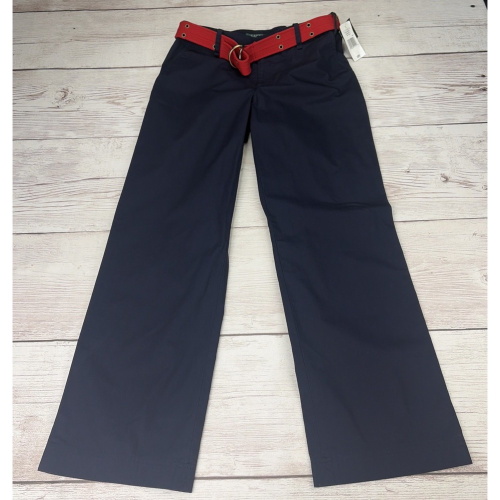 New Lauren Ralph Lauren Women's 6P Navy Blue Pants Red Belt Dressy Preppy